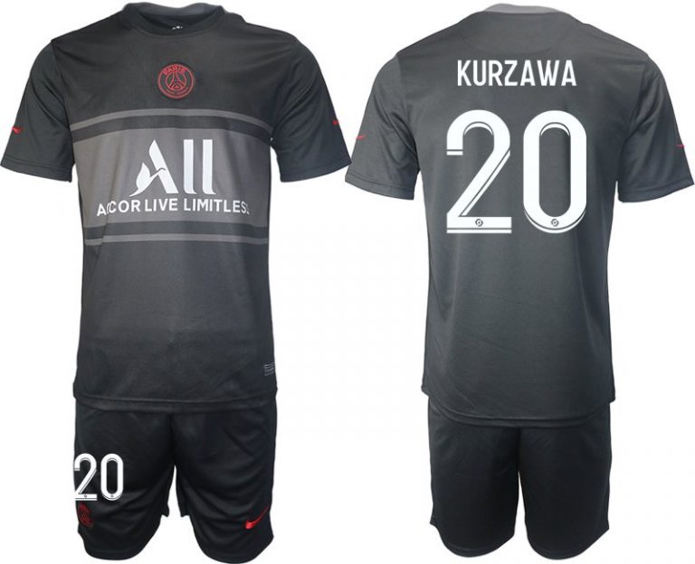 Fußball Trikotsatz PSG Ausweichtrikot 2021/2022 schwarz/grau mit Aufdruck Kurzawa 20