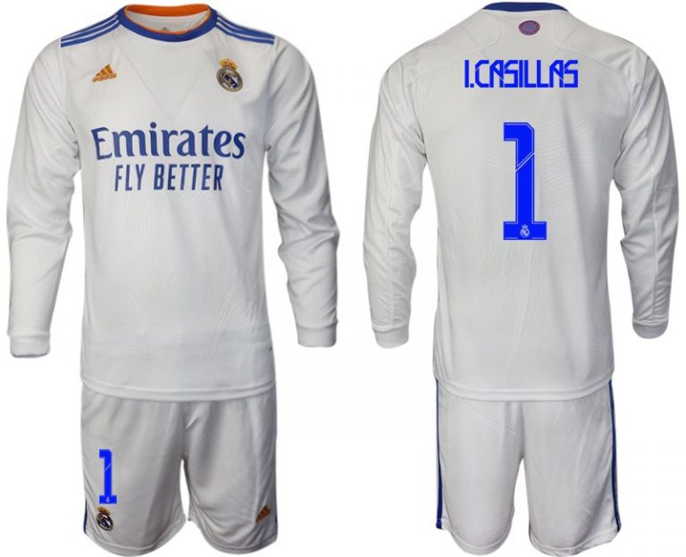 Real Madrid Heimtrikot 2022 weiß Langarm Trikotsatz mit Aufdruck I.Casillas 1