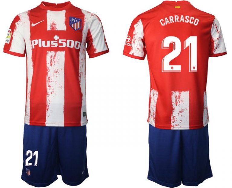 Atletico de Madrid Stadion Heimtrikot 2021-22 rot/weiß mit Aufdruck Carrasco 21-1