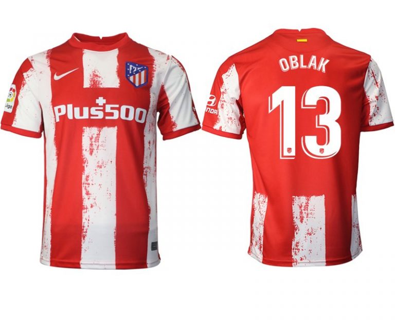 Atletico de Madrid Stadion Heimtrikot 2021-22 rot/weiß mit Aufdruck OBLAK 13