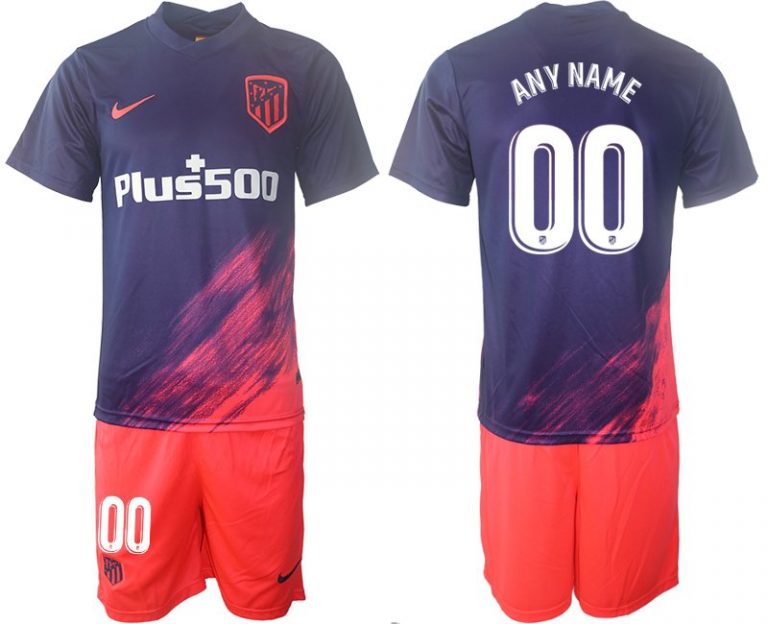 Atlético Madrid Auswärtstrikot 2021/2022 Marineblau und Pink Kurzarm + Kurze Hosen-1