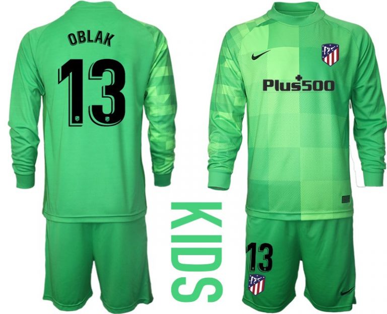 Atlético Madrid Torwarttrikot Trikotsatz Langarm + Kurze Hosen in Grün mit Aufdruck OBLAK 13