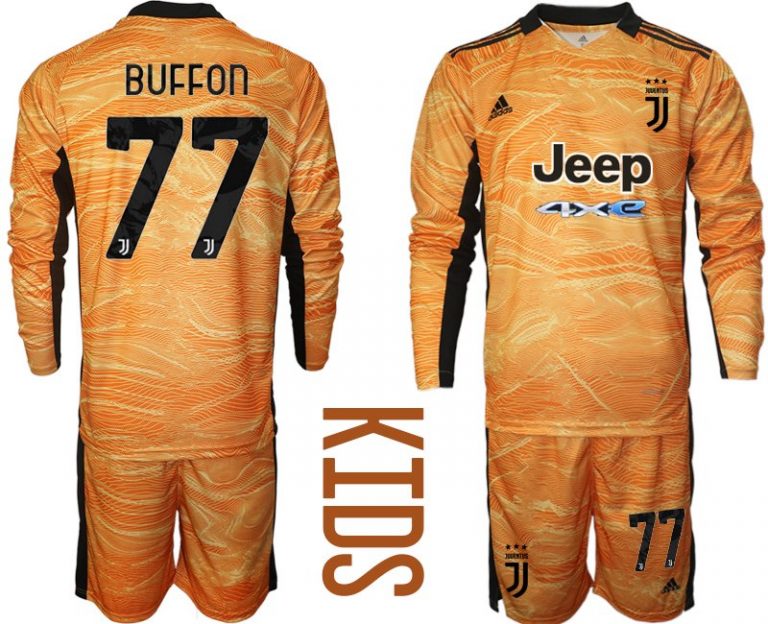 Fantrikots Juventus Kinder Torwart Trikot 2021-22 Langarm Orange Buffon 77# Trikotsatz