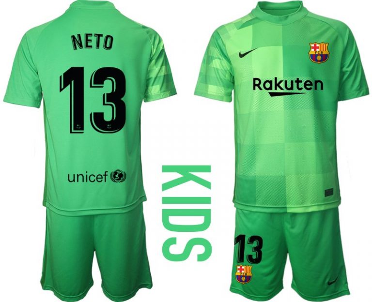 FC Barcelona Torwarttrikot grün Kinder Trikotsatz Kurzarm + Kurze Hosen mit Aufdruck NETO 13