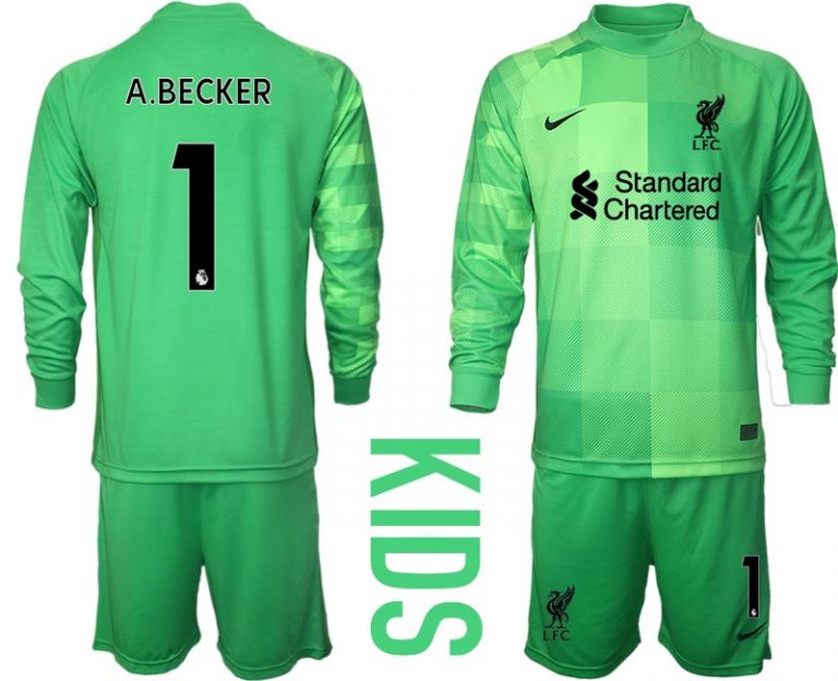 FC Liverpool Torwarttrikot Trikotsatz Langarm + Kurze Hosen Grün für Kinder A.BECKER 1