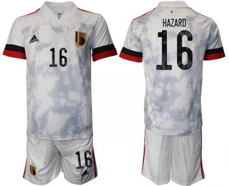 Fußballtrikot Set Herren Belgien Trikot Away EM 2020 Weiss mit Aufdruck HAZARD 16