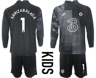 Kinder Chelsea FC Torwarttrikot 2021/22 Trikotsatz Langarm schwarz mit Aufdruck Arrizabalaga 1