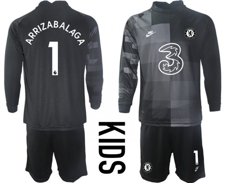 Kinder Chelsea FC Torwarttrikot 2021/22 Trikotsatz Langarm schwarz mit Aufdruck Arrizabalaga 1