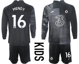 Kinder Chelsea FC Torwarttrikot 2021/22 Trikotsatz Langarm schwarz mit Aufdruck Mendy 16