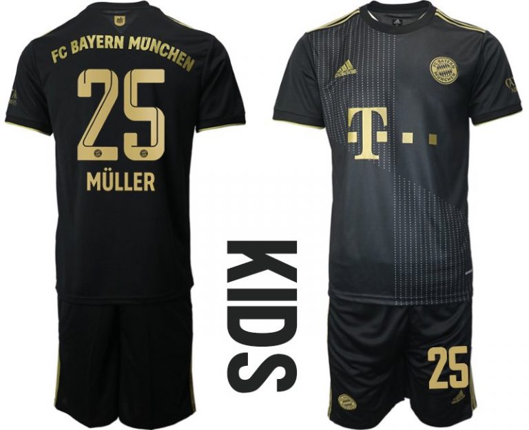 Kinder FC Bayern München Away Trikot 2022 Schwarz mit Aufdruck Müller 25