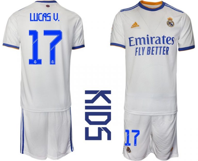 Kinder Fußballtrikot Real Madrid 2021/22 Heimtrikot weiss blau mit Aufdruck Lucas V. 17