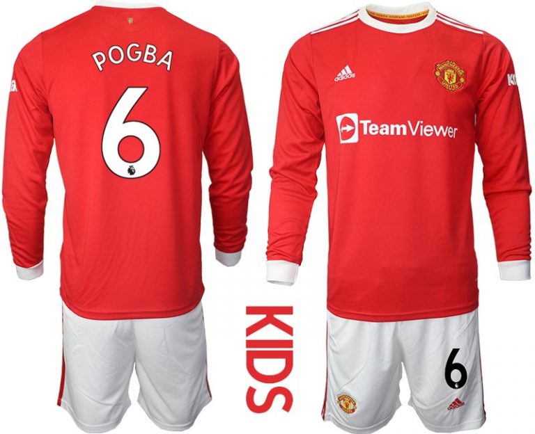 Kinder Fußballtrikots Manchester United Heimtrikot 2022 Langarm mit Aufdruck Pogba 6