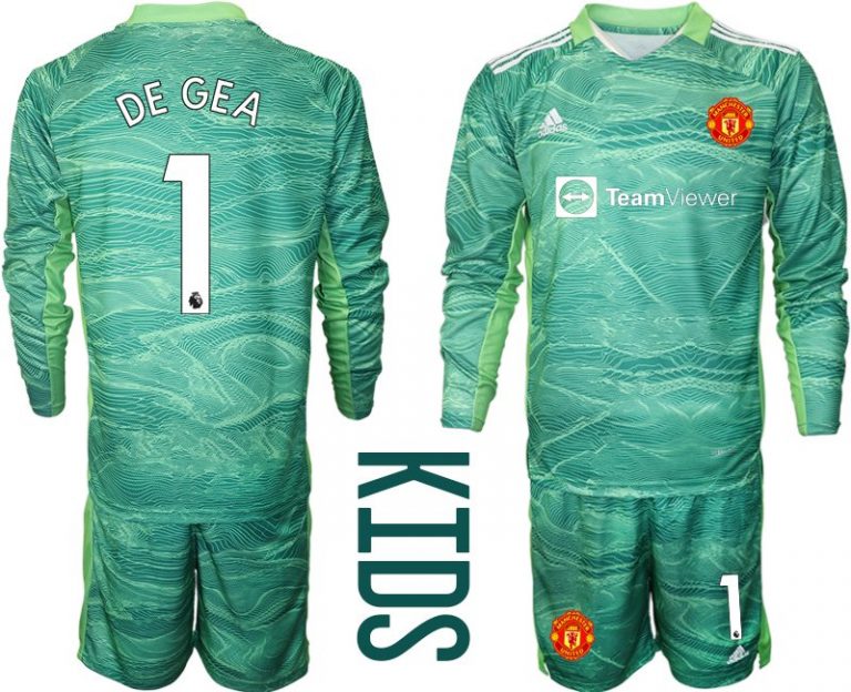 Kinder Langarm Trikotsatz grün Manchester United 3rd Torwarttrikot 2022 mit Aufdruck DE GEA 1