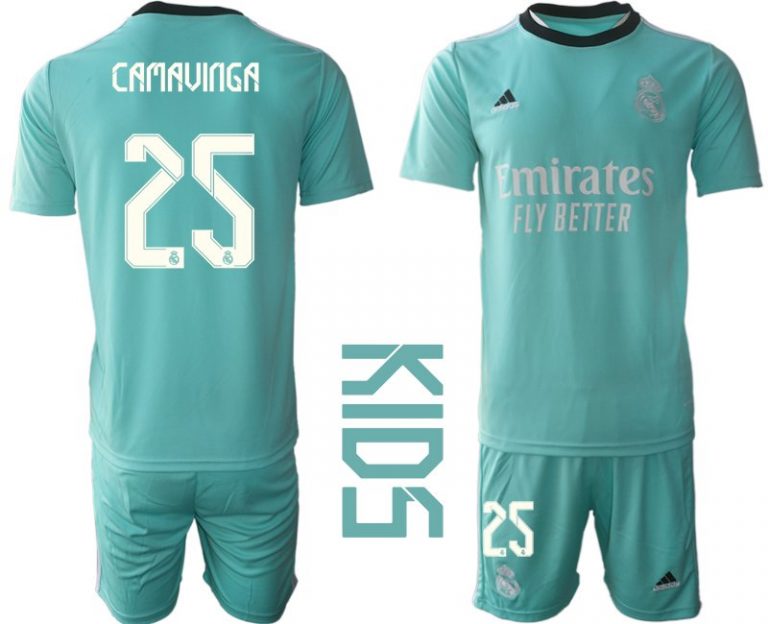 Kinder Real Madrid 2021/22 Mini Kit 3rd Trikot türkis/weiß mit Aufdruck Camavinga 25