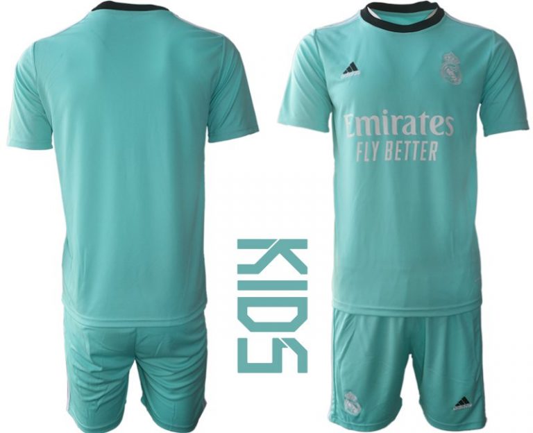 Kinder Real Madrid Ausweichtrikot 2021-22 türkis/weiß Trikotsatz Kurzarm + Kurze Hosen