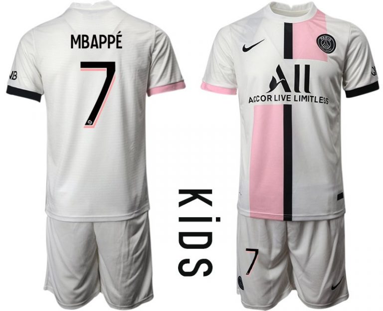 Kinder Trikot Paris Saint Germain PSG Auswärtstrikot 2021-22 weiß mit Aufdruck Mbappé 7