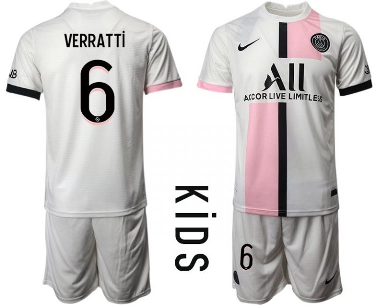 Kinder Trikot Paris Saint Germain PSG Auswärtstrikot 2021-22 weiß mit Aufdruck Verratti 6