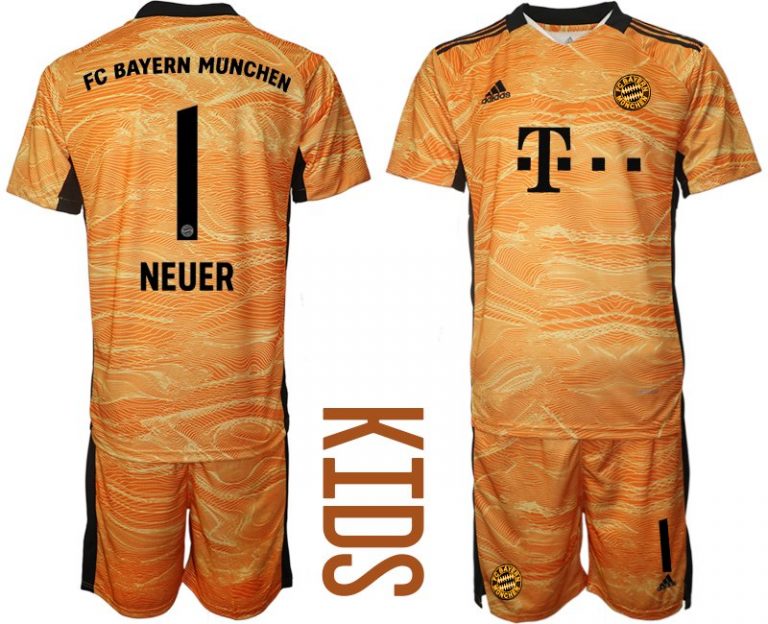 Kinder Trikotsatz FC Bayern München Torwarttrikot 2022 Orange mit Aufdruck NEUER 1