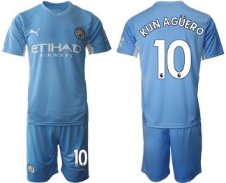 Manchester City 2022 Heimtrikot hellblau/weiß Kurzarm + Kurze Hosen Kun Agüero 10