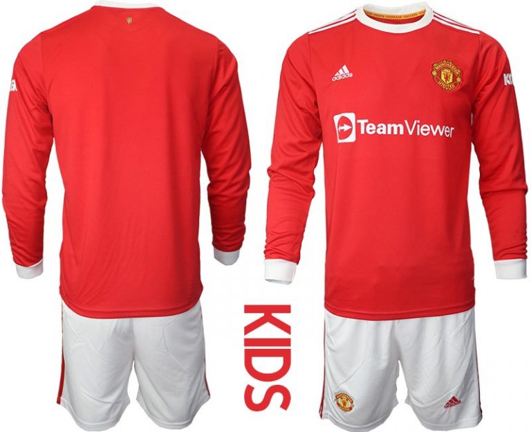 Manchester United Heimtrikot 2022 Lange Ärmel Trikotsatz für Kinder