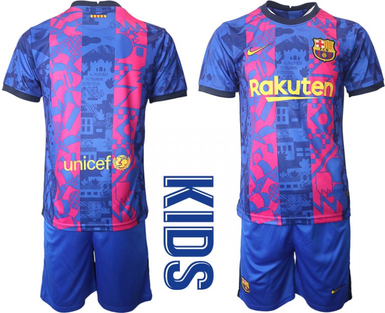 Personalisierbar Ausweichtrikot Kinder Barcelona 2021/22 Drittes Trikotsatz Kurzarm + Kurze Hosen