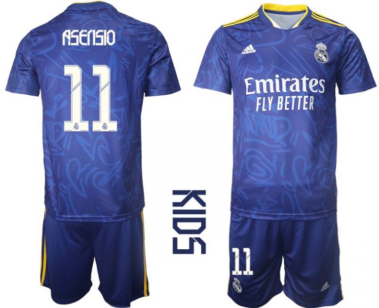 Real Madrid Auswärtstrikot Set blau 2021/22 Away Trikot für Kinder mit Aufdruck Asensio 11