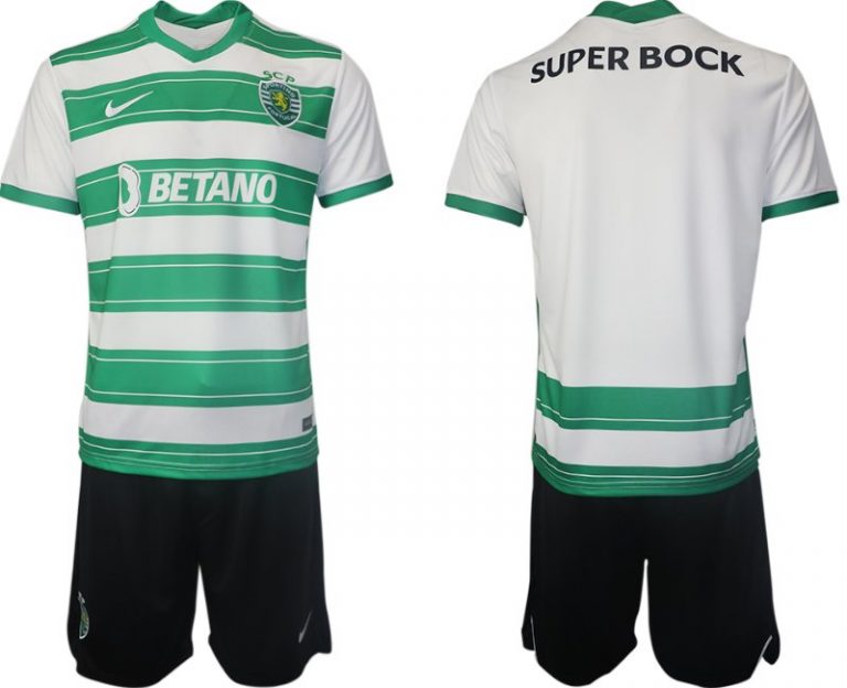 Sporting CP 2021/22 Herren Heimtrikot Weiß Grün Trikotsatz Kurzarm + Kurze Hosen