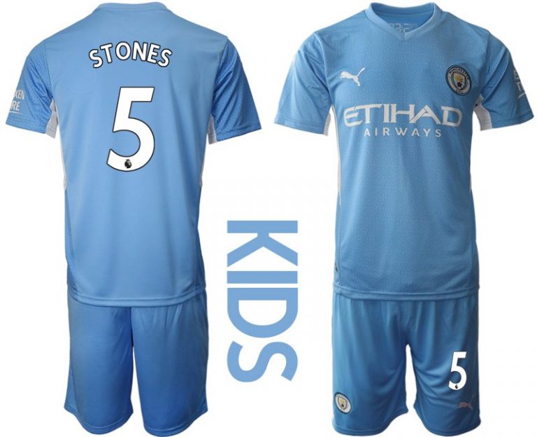 Trikotsatz Manchester City Heimtrikot 2022 Für Kinder hellblau mit Aufdruck Stones 5