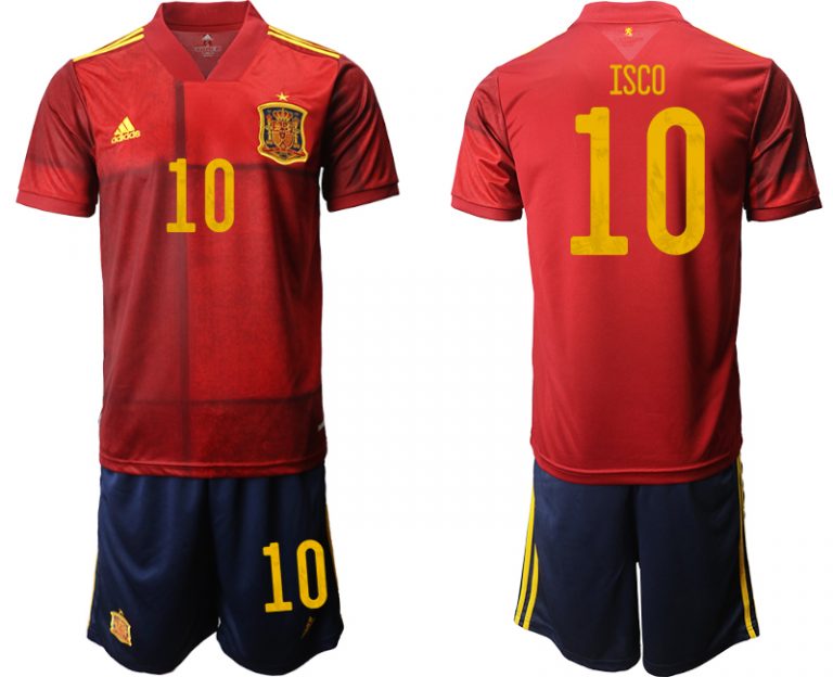 ISCO 10 Spanien EM 2020 Heimtrikots Rot und Gelb Kurzarm + Marineblau Kurze Hosen