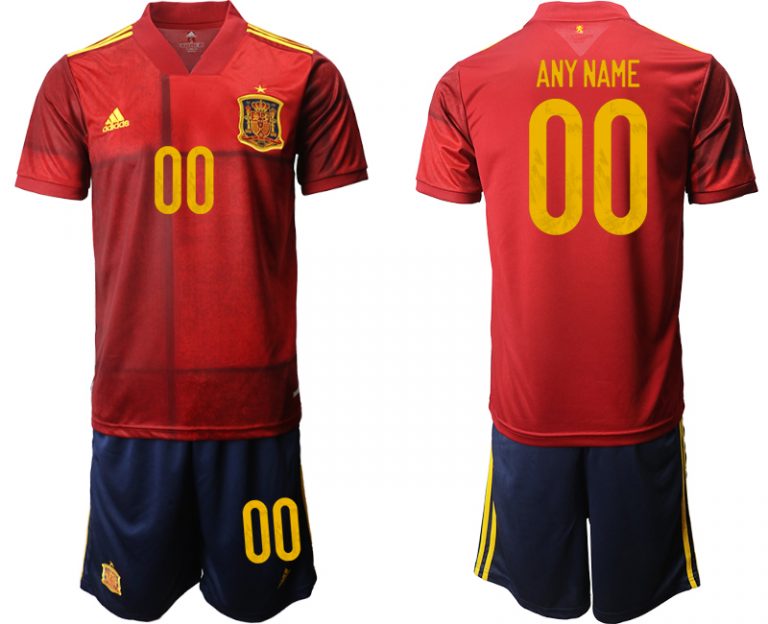 Spanien EM 2020 Heimtrikot Rot und Gelb Kurzarm + Marineblau Kurze Hosen