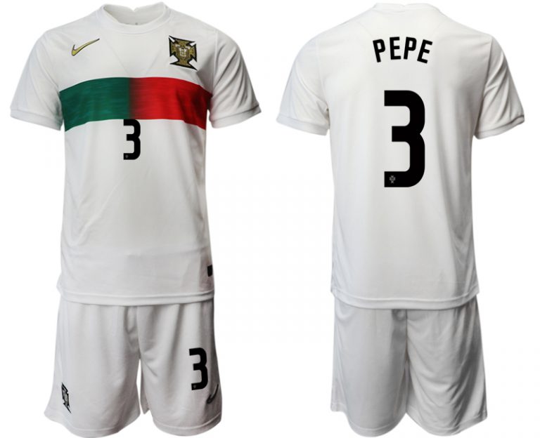 2022 Portugal Heimtrikot Away Weiß Trikotsatz Kurzarm + Kurze Hosen PEPE 3