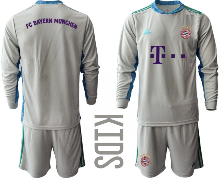 Bayern Munich Torwart Kindertrikot für draußen Grau Trikotsatz Langarm + Kurze Hosen