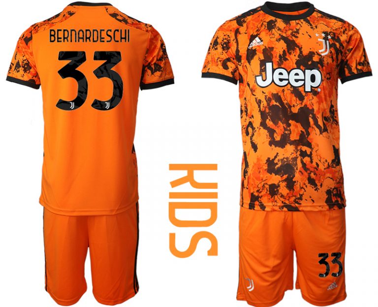 Günstige Fussballtrikot Juventus Turin 20-21 Ausweichtrikot Orange Schwarz Kinder Trikotsatz BERNARDESCHI #33