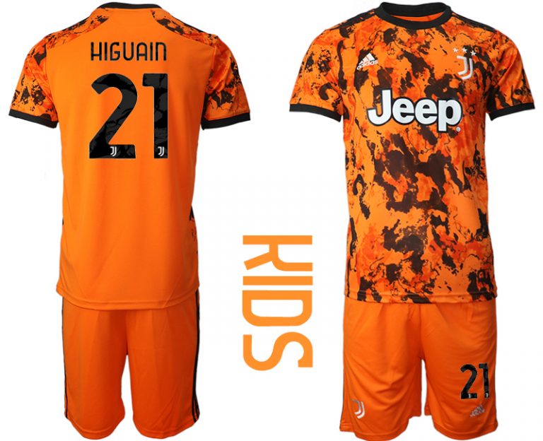 Günstige Fussballtrikot Juventus Turin 20-21 Ausweichtrikot Orange Schwarz Kinder Trikotsatz HIGUAIN #21