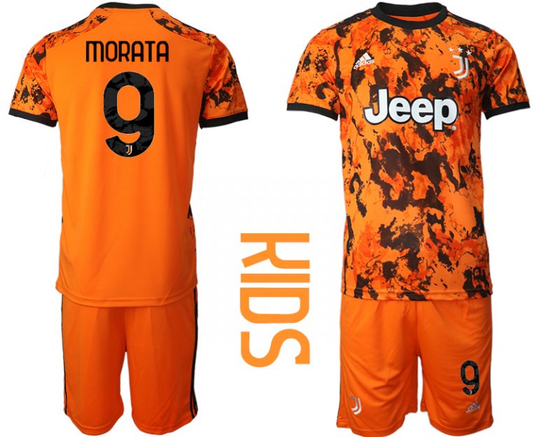 Günstige Fussballtrikot Juventus Turin 20-21 Ausweichtrikot Orange Schwarz Kinder Trikotsatz MORATA #9