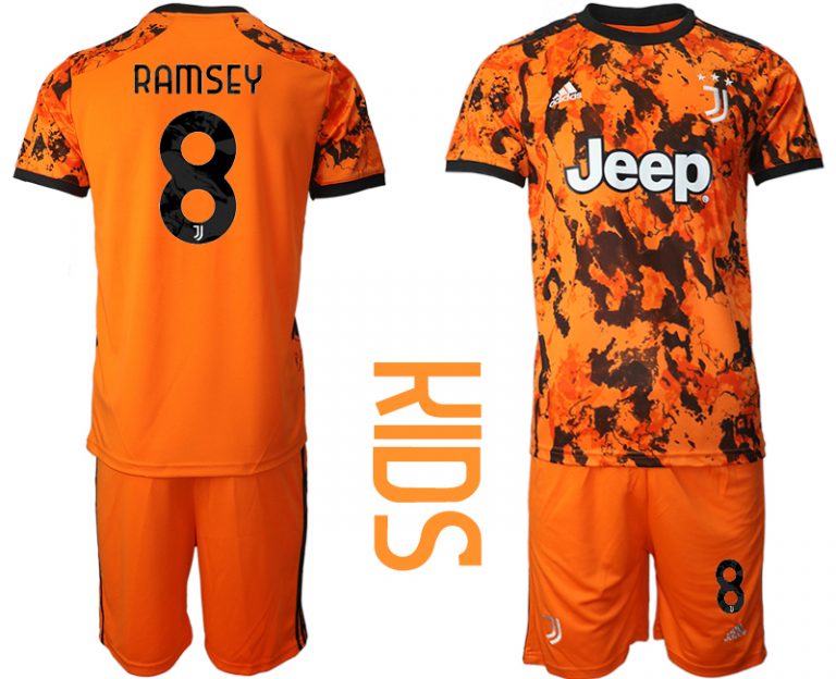 Günstige Fussballtrikot Juventus Turin 20-21 Ausweichtrikot Orange Schwarz Kinder Trikotsatz RAMSEY #8