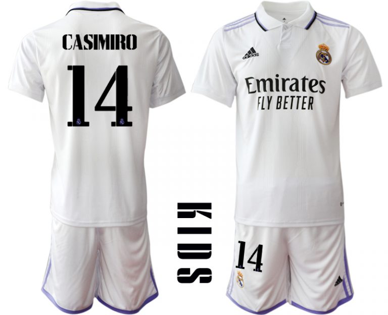 Günstige Fussballtrikot Kinder Heimtrikot Real Madrid Home Trikot weiß lila 2022/23 CASIMIRO #14