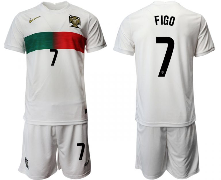 Günstige Portugal Heimtrikot Away Weiß Trikotsatz Kurzarm + Kurze Hosen FIGO 7