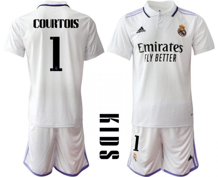 Kinder Heimtrikot Real Madrid Home Trikot weiß lila 2022/23 mit Aufdruck COURTOIS 1