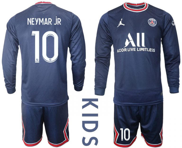 NEYMAR JR 10 Kinder Paris Saint Germain Heimtrikot 2021-22 PSG Trikotsatz Langarm + Kurze Hosen