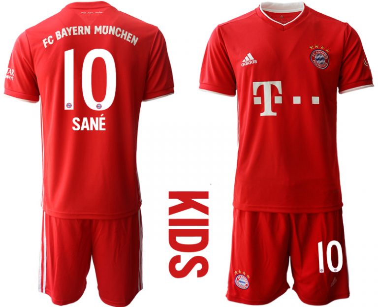 Rot Bayern München 2020-2021 Torwart-Auswärtstrikot Kurzarm Kinder Trikotsatz Sané 10