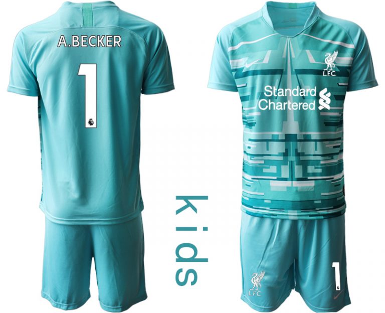 Blau Kinder FC Liverpool Torwarttrikot 2020/21 Trikotsatz Kurzarm + Kurze Hosen A.BECKER #1