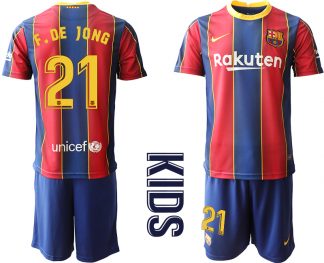 F.DE JONG 21 FC Barcelona Kinderheim Trikot 2020/21 Trikotsatz Kurzarm Rot Blau Billige Fussballtrikots