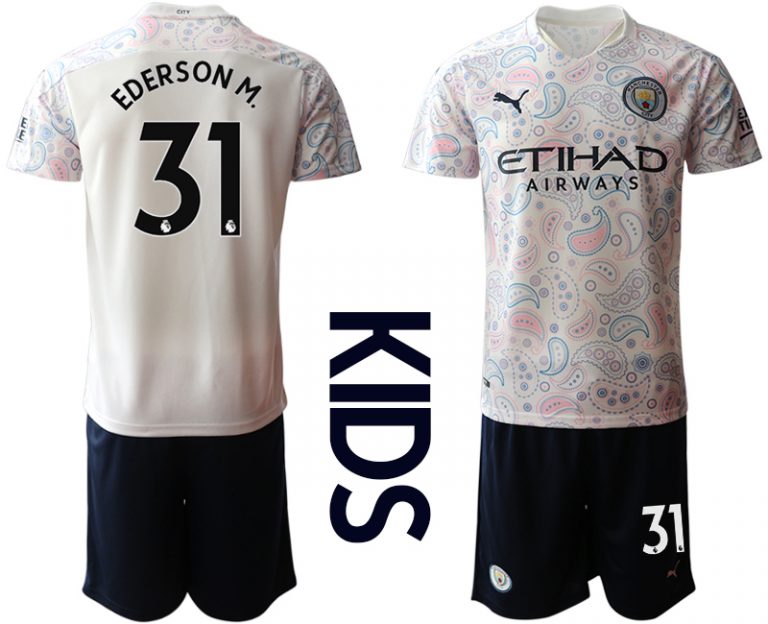 Kinder Manchester City Ausweichtrikot 2020-2021 Trikotsatz weiß/violett 3rd Trikot EDERSON M. #31