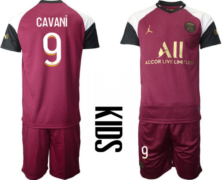 Kinder Paris Saint Germain Ausweichtrikot 20-21 PSG 3rd Trikot weinrot mit Aufdruck CAVANi 9