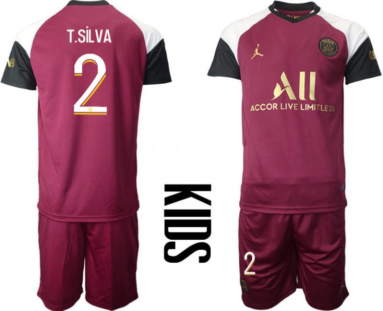 Kinder Paris Saint Germain Ausweichtrikot 20-21 PSG 3rd Trikot weinrot mit Aufdruck T.SiLVA 2