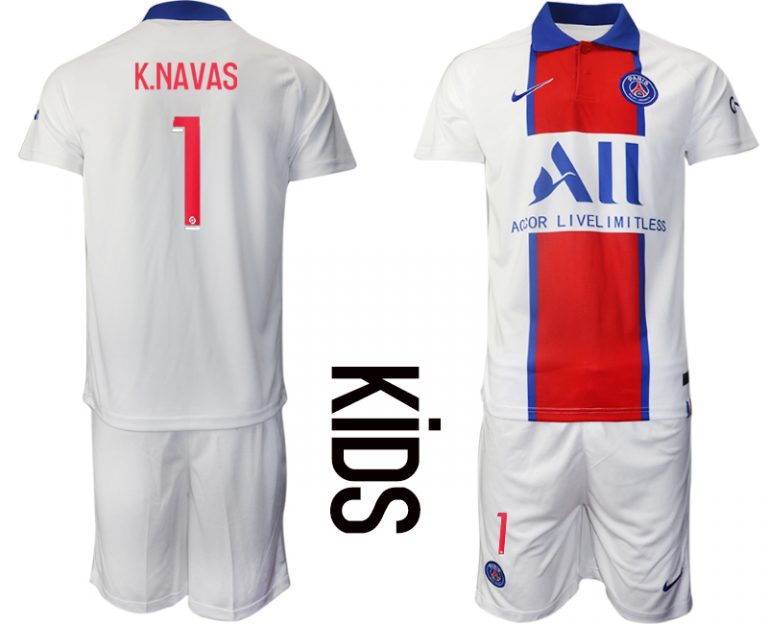 Kinder Paris Saint Germain PSG Auswärtstrikot 2020-21 weiß rot blau Trikotsatz K.NAVAS #1