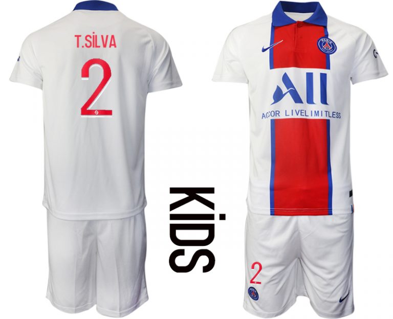 Kinder Paris Saint Germain PSG Auswärtstrikot 2020-21 weiß rot blau Trikotsatz T.SiLVA #2