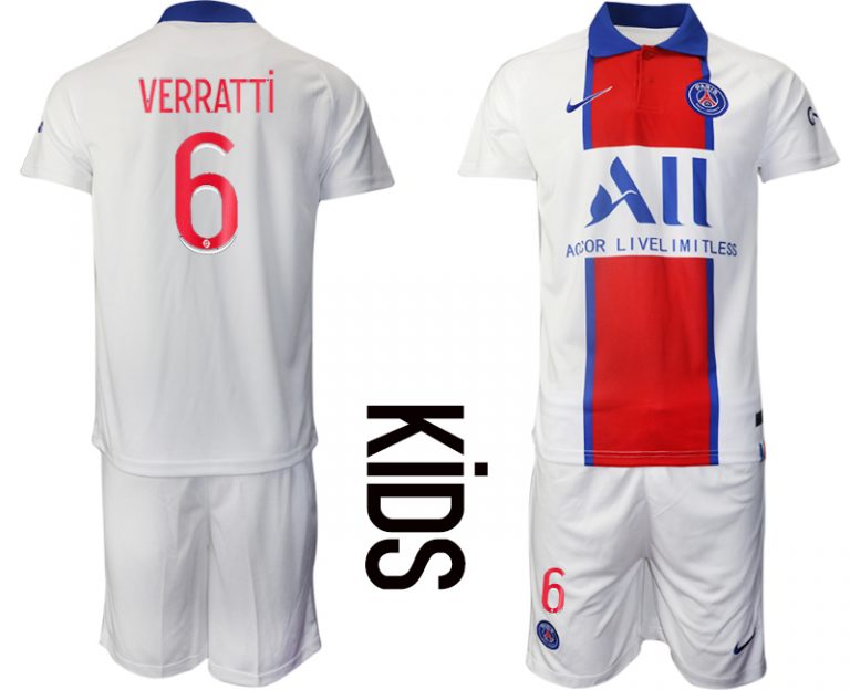 Kinder Paris Saint Germain PSG Auswärtstrikot 2020-21 weiß rot blau Trikotsatz VERRATTi #6