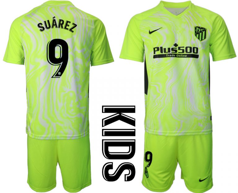 SUÁREZ 9 Atlético Madrid 2020-21 Auswärtstrikot grün weiß Kindertrikot